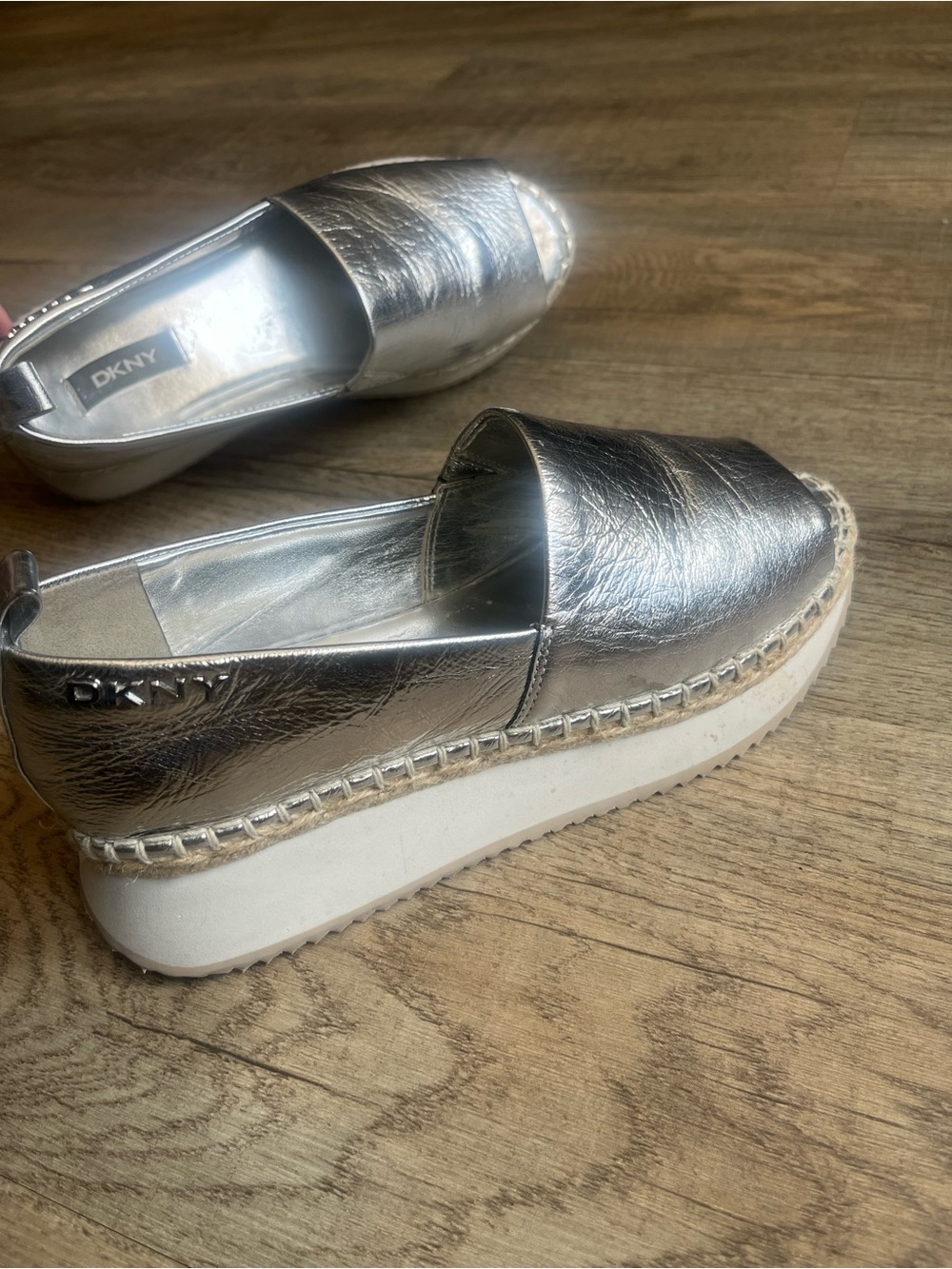 DKNY Metallic Silver Platform Espadrille Mules
